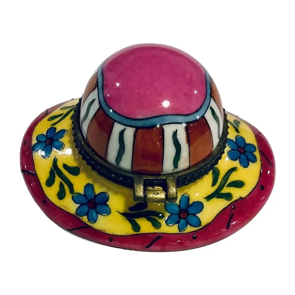 Hat Cap Bonnet Trinket Pill Box Pink Yellow Floral Colorful Ceramic Hinged